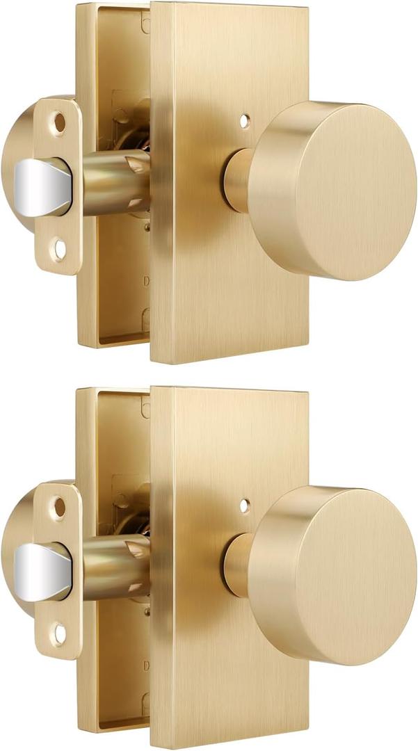 Gold Door Knob 2 Pack, Interior Door Knob for Bedroom, Privacy Door Knobs with Lock, Keyless Bathroom Door Handle, Satin Brass Finish, Universal for Left/Right Opened Doors, Unique Rectangular Base