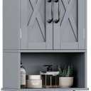 ChooChoo Farmhouse Medicine Cabinet, Bathroom Wall Cabinet with Adjustable Shelf, Towel Bar, 3 Hooks, Over The Toilet Storage Cabinet for Bathroom, Kitchen, Grey