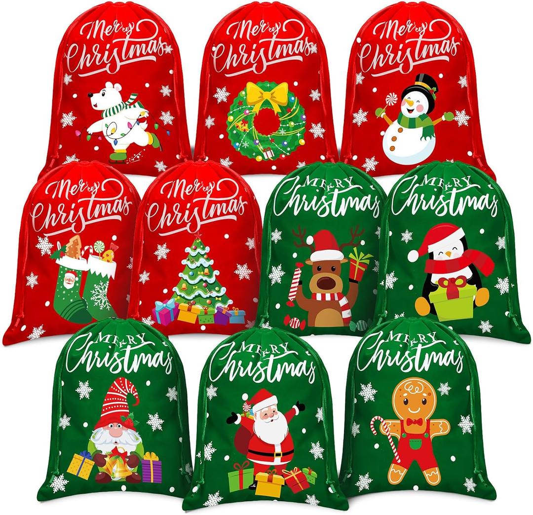 Abbylike 20 Pcs Christmas Flannel Drawstring Bags Bulk Santa Christmas Gift Xmas Medium Size Candy Wrapping Bags for Treat Holiday Party Favors, 8 x 10 Inch