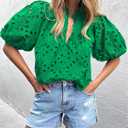 BETTE BOUTIK Women's Long Short Sleeve Tops 2025 Dressy Casual Button Hollow Out Lace Embroidered Blouses Shirts (Green)