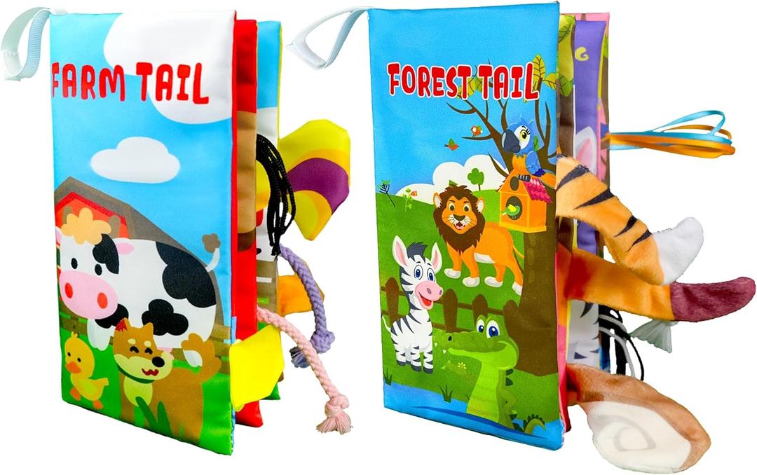 Richgv Baby Toys 0-6 Months, Crinkle Books for Babies 2PCS Infant Tummy Time Toy 6 to 12 Months Touch Feel Book Gifts for Boy Girl 0-3 Month Christmas Stocking Stuffer, Jungly Tails & Farm Tails