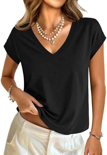 GKBK Womens Cotton Tops Cap Short Sleeve Crop V Neck T Shirts Boxy Casual Basic Spring Summer Tee S