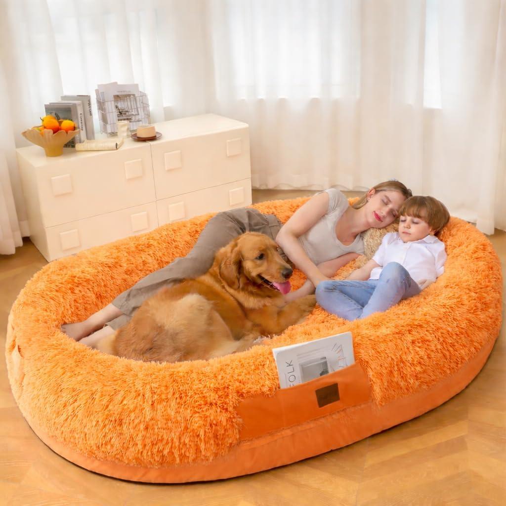 SWITTE Human Dog Bed for Adult, 59"x40"x10" Washable Giant Human Size Dog Bed with Blanket for People Doze Off, Removable Large Beds with Pillow - Orange