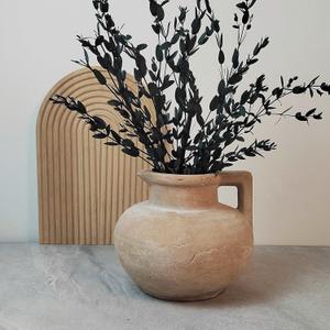 Rustic Weathered Ceramic Vase with Handle, Handcrafted Clay Jug, Vintage Distressed Plant Holder for Dry Flowers, Decorative Pottery for Home