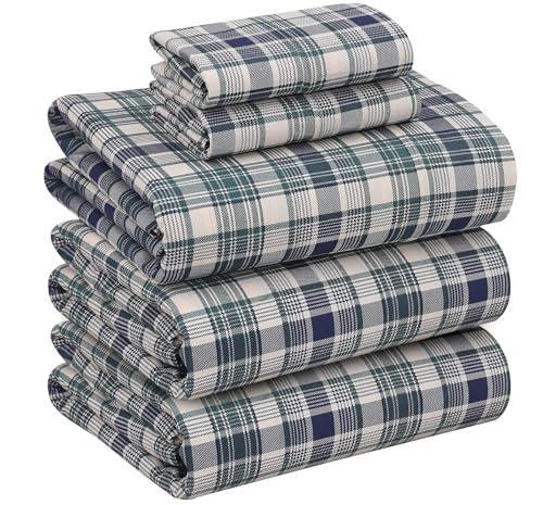 RUVANTI 100% Cotton Sheets – Split King Size Percale Bedding, Cooling & Breathable Floral Design, Durable with a Crisp, Soft & Comfortable Feel, 16" Deep Pocket, 5-Piece Set, Greenish Blue Plaid