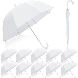12 Pcs White Wedding Bubble Umbrellas Bulk Wedding Style Stick Umbrellas Clear Bubble Umbrella with J Hook Handle Auto Open Windproof Stick Umbrellas for Wedding Bridal Parties