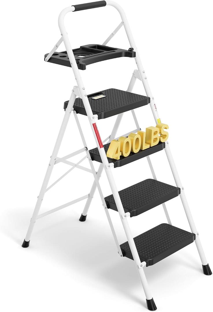 BONTEC 4-Step Ladder, 400lbs Max Load, Folding Step Stool with Tool Tray, Anti-Slip Pedals, Sturdy Steel, Lightweight Portable Ladder with Handrail for Home & Work Use, White