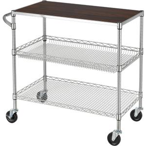 Finnhomy 3 Tier Heavy Duty Commercial Grade Utility Cart with Wood Top, Wire Rolling Cart with Wheels and Handle Bar, Kitchen Carts on Wheels, 18x36x35.4 H Metal Cart with 600 LBS Capacity, Chrome