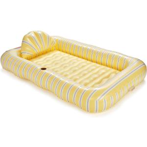 FUNBOY Tanning Pool Lounger Float Yellow & Blue Stripe, XL 72" x 48" with Pillow and Large Cup Holder