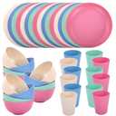 LIYH 36 Pcs Wheat Straw Dinnerware Set for 12,Plastic Plates Reusable,Camping Plates and Bowls Set,Dishwasher Safe Dinnerware,Unbreakable Plate Pink Green Blue Beige