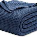 Bedsure Gentlesoft 100% Cotton Blanket Queen Size for Bed - Breathable and Soft, Thick Cozy Waffle Weave Christmas Blanket Gift for Women, Navy, 90x90 Inches