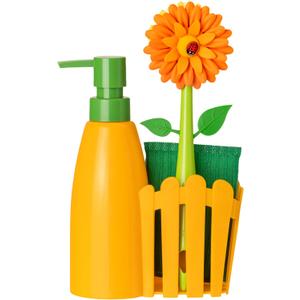 Vigar Flower Power Kitchen Soap Dispenser Set, Dish Soap Dispenser with Sponge Caddy and Dish Brush, Perfect Kitchen Sink Caddy, Orange, Green (Orange, Green)