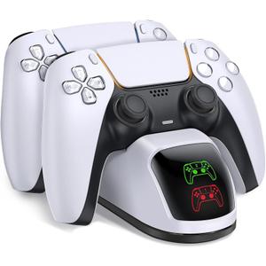 PS5 Controller Charging Station, PlayStation 5 Dualsense Charger Dock with Dual Stand, Upgrade PS5 Charger Accessory with Fast Charge Cable, PlayStation 5 Station, White