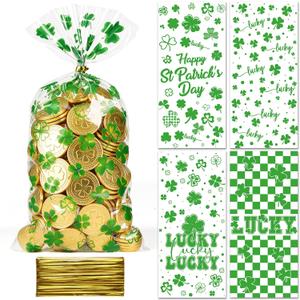Vovocas St. Patrick's Day Treat Bags, St Patricks Day Goodie Gift Bags - Happy St Patrick's Lucky Clear Bag, 100PCS Saint Patricks Shamrock Baggies, Green Party Favor Cellophane Bag with Twist Ties