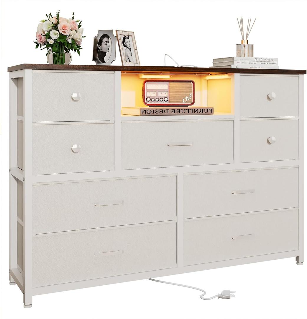 Dresser for Bedroom with 9 Drawers, White Storage Organizer TV Stand for 55" TV with LED Lights and Sockets, Fabric Chest of Drawers with PU Finish for Kid Room, Entryway, Living Room, Hallway