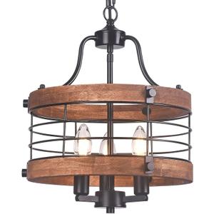 Farmhouse Wood Chandelier Vintage Ceiling Light, Modern Metal & Wooden Circular 3 Lights, Rustic Drum Hanging Chandelier with Adjustable Chain Light Fixtures for Dining Room Entryway Foyer(Black)