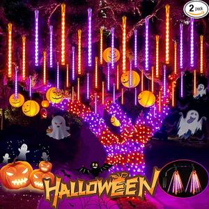 2Pack Halloween Lights Outdoor, Meteor Shower Lights 16 Tubes 384 LEDs Indoor Outdoor, Waterproof Falling Rain String Lights with Timer for Halloween Decorations Tree Roof Garden Party Patio (Purple)