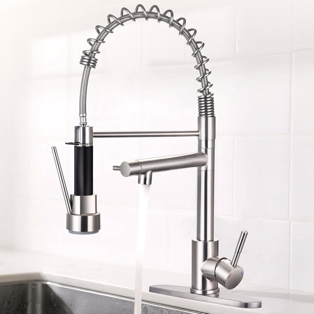 Kitchen Faucet with Pull Down Lock Sprayer, Single Handle High Pressure Brushed Nickel Kitchen Faucet, Double-Headed Spring Stainless Steel Kitchen Sink Faucets
