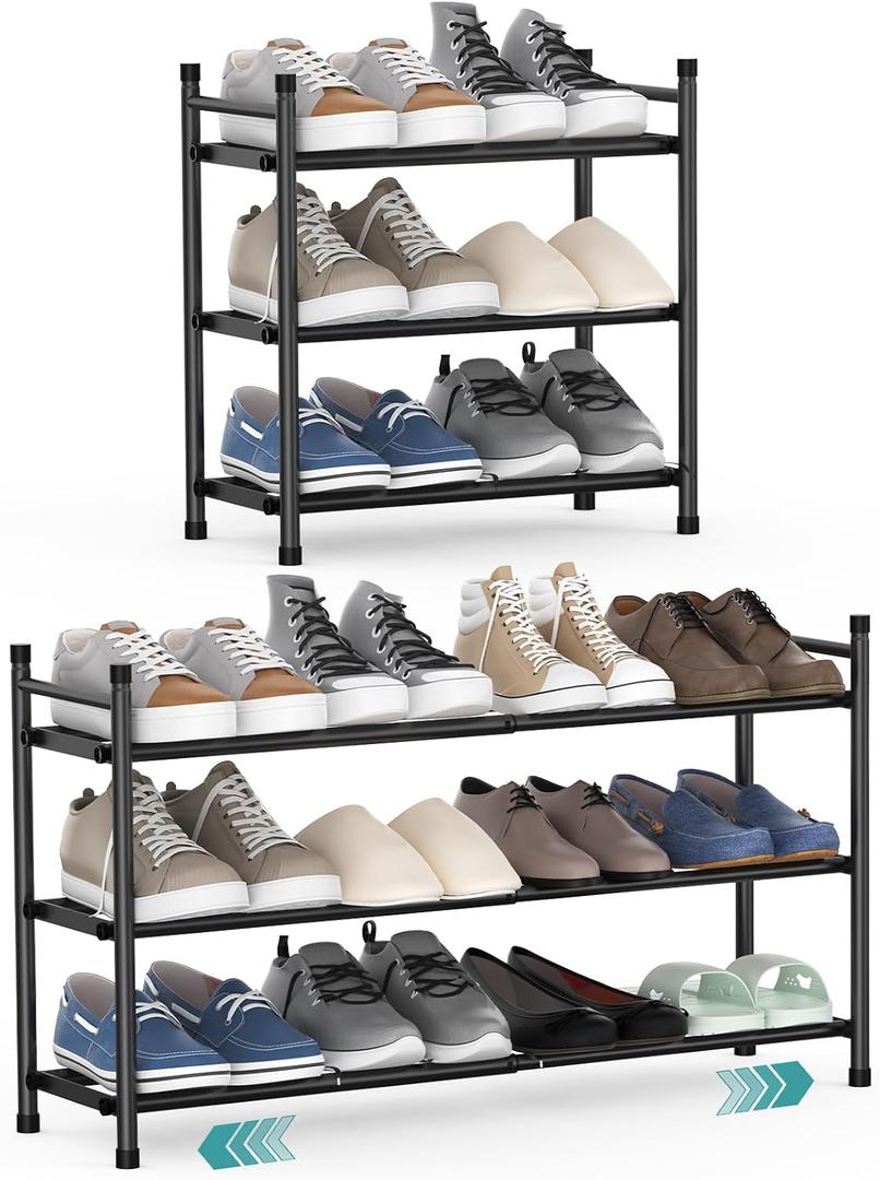 3 Tier Expandable Shoe Rack, Stackable Adjustable Shoe Rack for Closet, Metal Shoe Shelf Organizer Storage, Standing Small Shoe Racks for Front Door EntranceEntryway (Black)