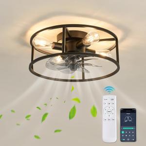 Black Caged Ceiling Fan with Lights Flush Mount Ceiling Fan with Remote Control 18 Inch Industry Metal Low Profile Fan for Farmhouse Dining Room Bedroom Kitchen Living Room