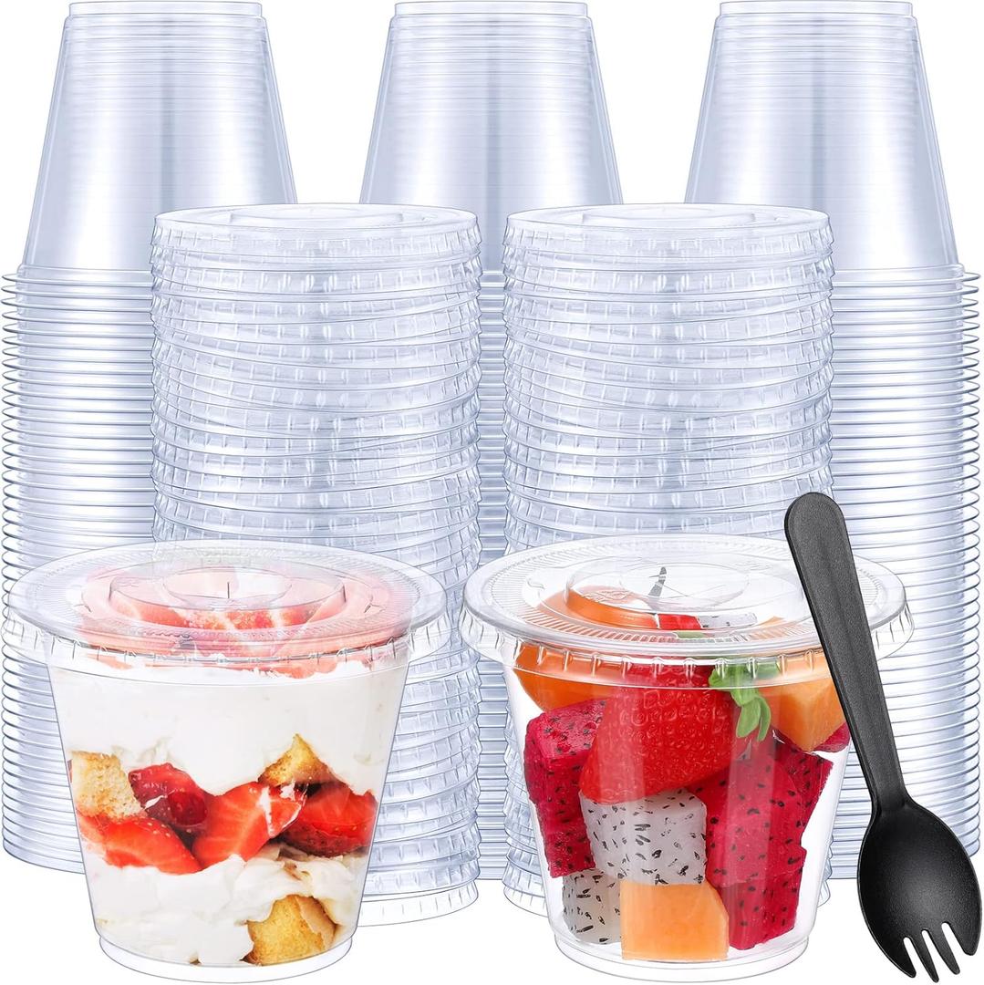 Suclain 200 Pack 8 oz Disposable Plastic Cups with Flat Lid and Sporks Set, Clear Fruit Cups, Plastic Spork, 8oz Containers with Lids and Holes for Food Appetizer Ice Cream Dessert Cold Drink
