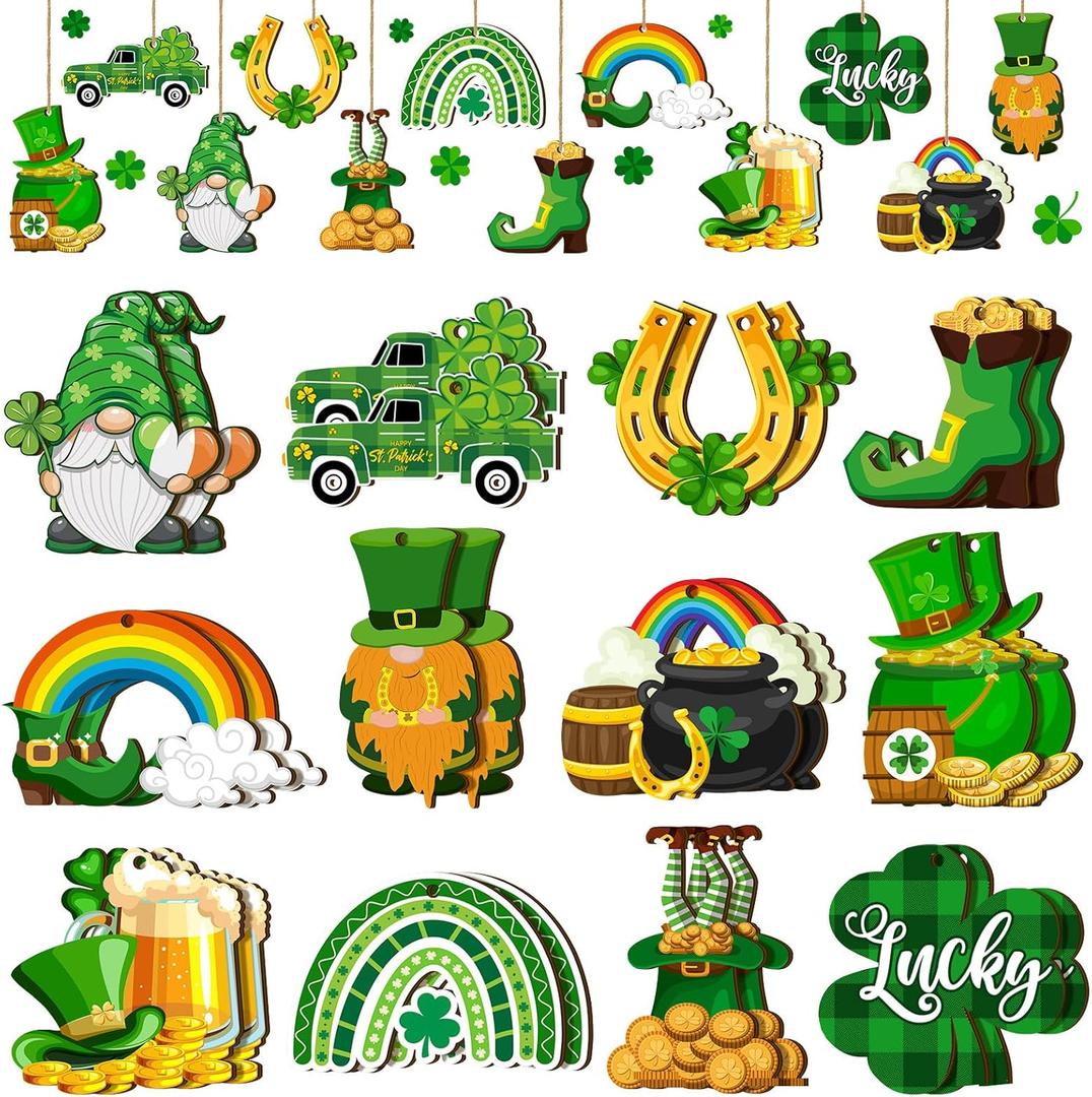 Glenmal 24 Pieces St. Patricks Day Decorations Shamrocks Ornaments Vintage Shamrocks Clover Wooden Hanging Tree Decorations Irish St Patrick's Day Ornaments for Home Office Small Tree