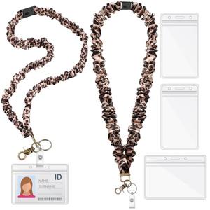 Geyoga 2 Set Teacher Scrunchie Lanyard with Safety Breakaway Buckle ID Badges Holder Retractable Lanyard for Office Teacher Gift(Leopard,Multicolor)