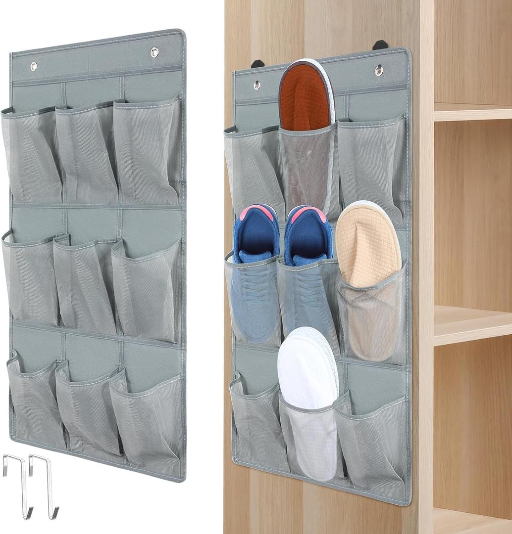 2 Pack 18 Pocket Wall Hanging Shoe Rack for Closet RV Shoe Storage with 8 Hooks over the Door Shoes Holder Organizer for Bathroom, RV, Pantry, Camping(Gray) (Grey)