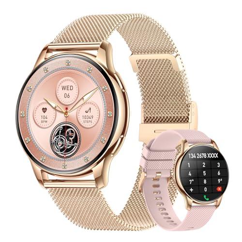 Getfitsoo Smartwatch for Women, Waterproof Bluetooth Call Watch for Android iOS Phones, 1.32" AMOLED Round Touch Screen Fitness Tracker with 100+ Sports Modes/Health Monitor/Password Lock (Gold)