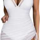 SUUKSESS Women Mesh One Piece Swim Dress Swimsuit Tummy Control Bathing Suit (Small, 109 White)