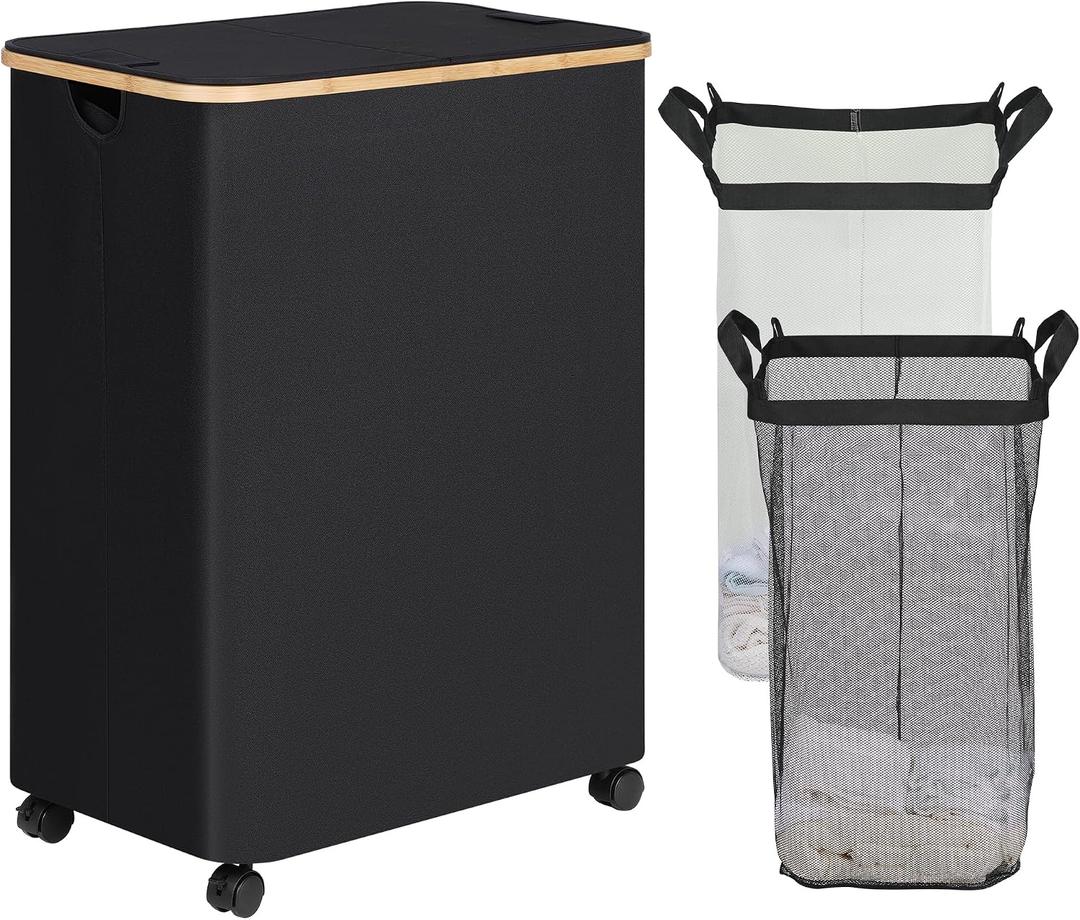 efluky Double Laundry Hamper with Wheels, Divided Laundry Hamper with Removable Bags, 2 Section Dirty Clothes Basket with Handles for Bathroom, Bedroom & Laundry Room, 160L Dark Black