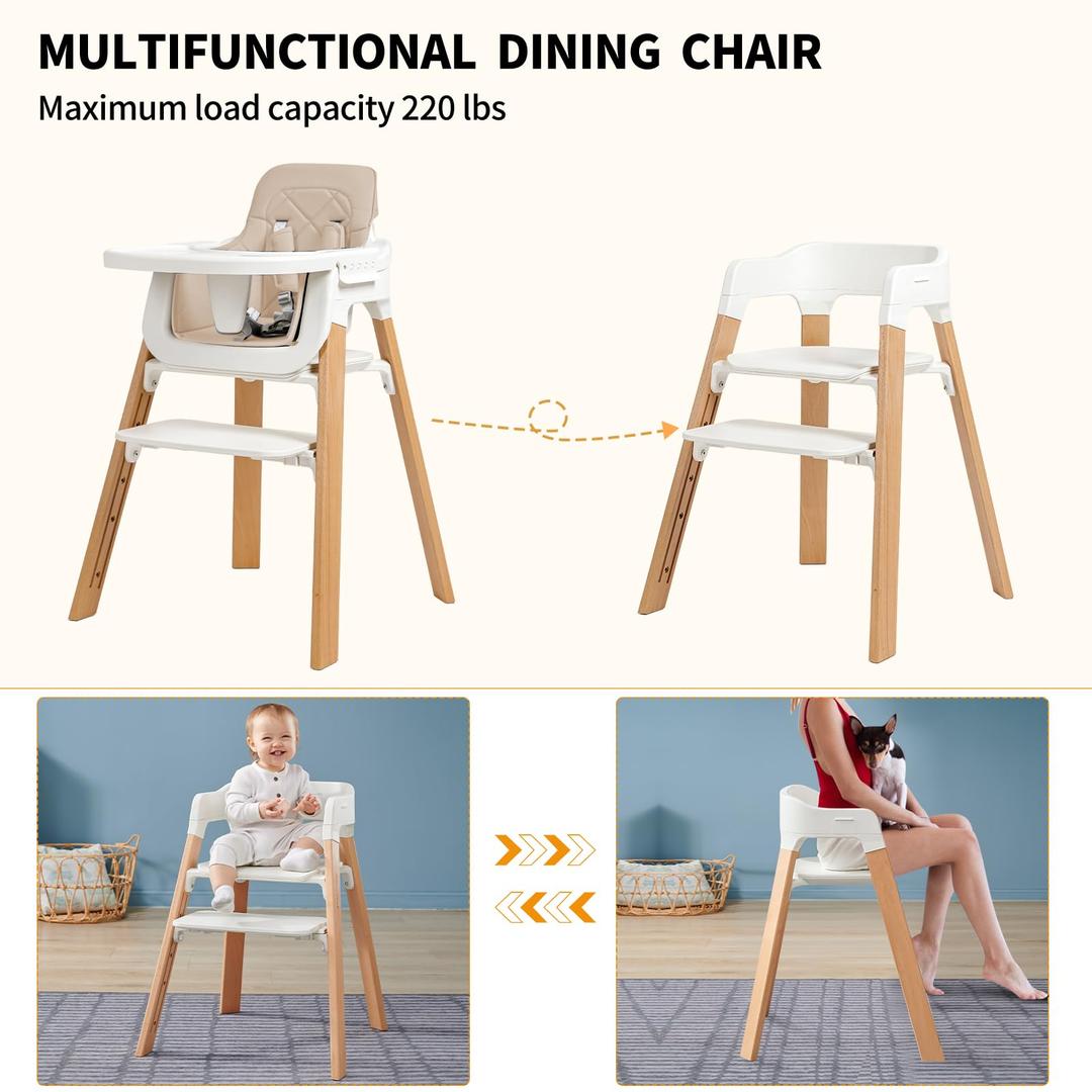 Wooden High Chairs for Babies and Toddlers, Baby Eating Chair with Tray & Removable Cushion & 4-Levels Pedal & Padded 5-Point Harness, High Chair Grows with Kid for Dining, Studying, Step Tool (Beige)