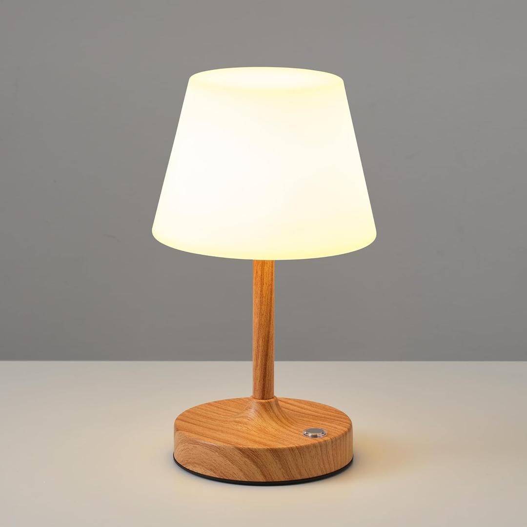 PUSU Cordless LED Wood-Grain Small Table Lamp, Waterproof Shower Light with 4000mAh Battery, Portable Rechargeable Touch Dimming Night Light for Bathroom, Outdoor Camping, Kitchen, Patio, Restaurant (H10.2  5.9 inch, Wood-grain (Metal + PE Plastic))