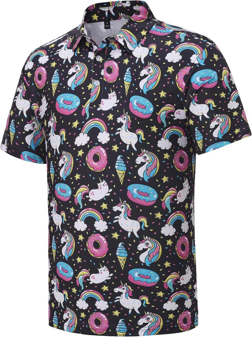 Men's Golf Polo Shirts Funny Golf Shirts for Men Performance Moisture Wicking Quick Dry Athletic Short Sleeve Shirts (X-Large, Unicorn Black)