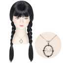M MISS U HAIR Long Straight Black Braids Wig with Bangs Pigtails Wig with Necklace Halloween Party Costume Wig