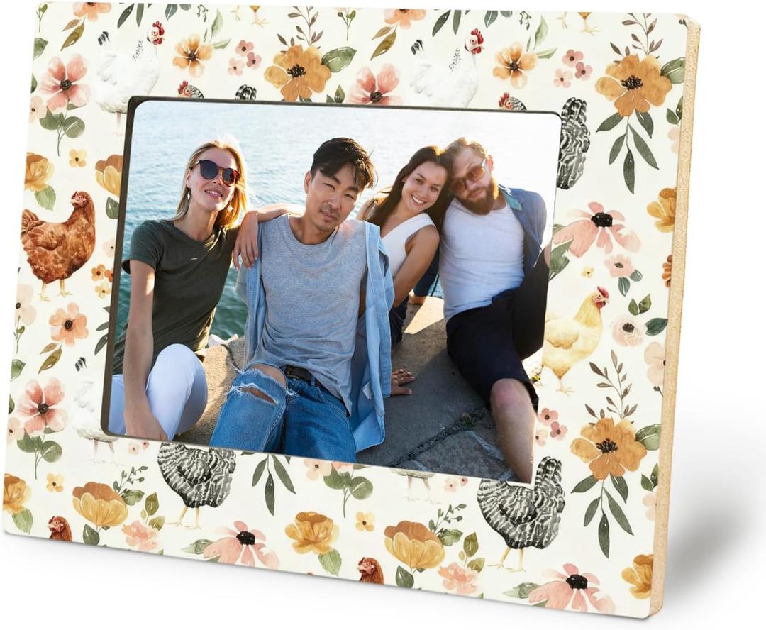 Rustic Floral Chicken Picture Frame 5x7, Chicken Mom Lady Lovers Gifts, Farmhouse Hen Flower Photo Picture Frames for Desk Tabletop Wall Display Decorations
