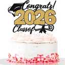 Congrats Class of 2026 Cake Topper, Congrats Grad Cake Decor, So Proud of You/You Did It, 2026 Senior High School College Graduation Party Decorations Black and Gold Glitter