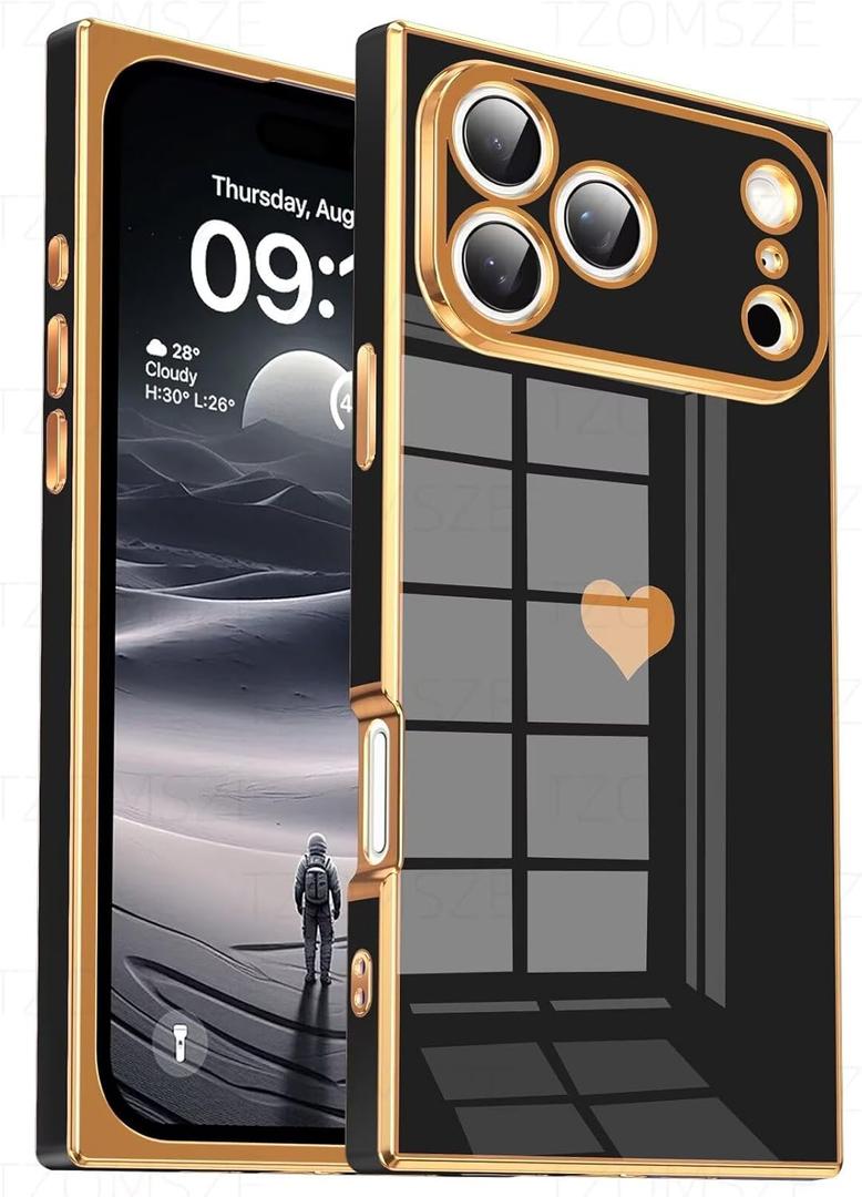 Tzomsze Compatible with iPhone 17 Pro Case,Camera Protection Cute Heart Pattern & Electroplate Reinforced Corners Shockproof Edge Bumper Case for Women Girls 6.3 Inch-Black