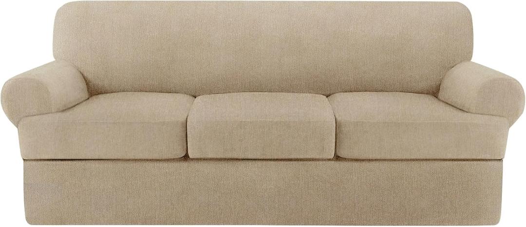 4 Piece T Cushion Sofa Slipcovers Stretch Couch Cover Furniture Covers with 3 Individual T Cushion Covers, Machine Washable for Living Room (Island Fossi, 3 Cushions)