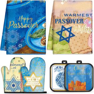 HunnmingRe 6 Pcs Passover Kitchen Accessories Sets Gifts Passover Kitchen Towels Oven Mitts Pot Holders Jewish Seder Decoration Pesach Hostess Gifts for Women Men Cooking Baking Dining Holiday Present