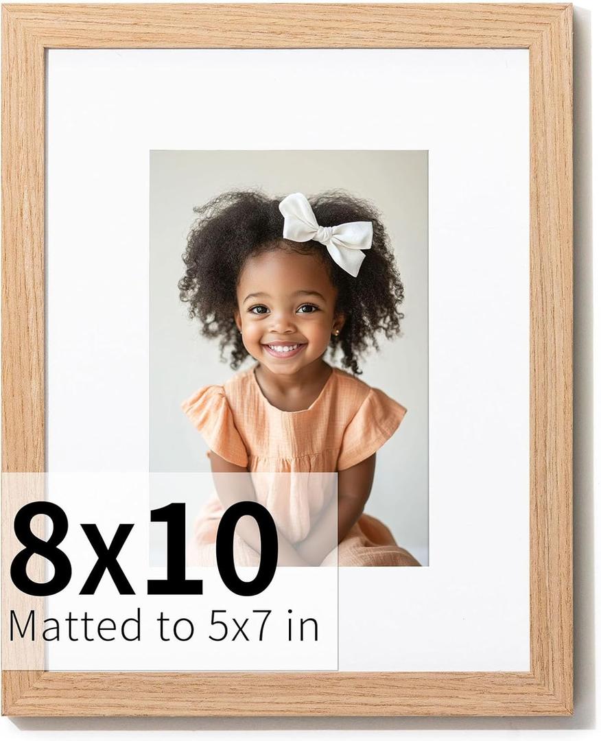 ZLG 8x10 Picture Frame, Solid Wood 8x10 Frame with mat for 5x7, for Tabletop and Wall Display, Wall Hook Included, Set of 1 (Wood Natural Oak)