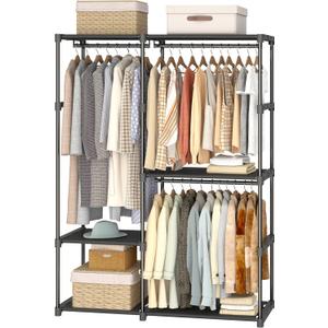 Portable Closet Wardrobe, 49 Inch Wide Clothing Storage Organizer with 6 Shelves and 3 Hanging Rods, Non-Woven Fabric Cover, Large Capacity for Bedroom, Cloakroom, Black (49"L x 17"W x 72"H)