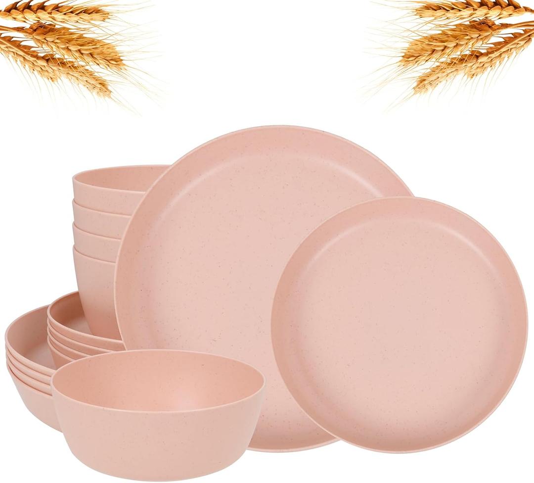 12pcs Pink Wheat Straw Dinnerware Set for Family/Dorm, Set of 4 (9.7"), 4 dessert plates (7.8"), and 4 deep bowls (6.7")