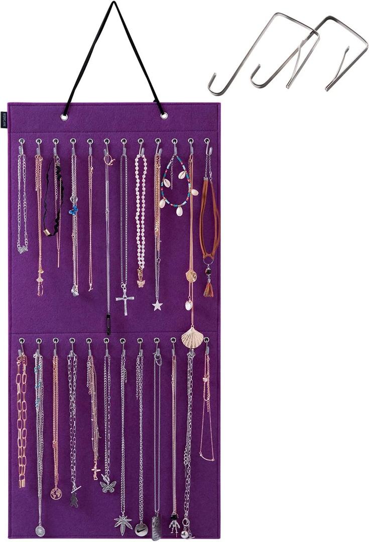 Wall Hanging Jewelry Organizer Storage with 24 Hook Wall Mounted Jewelry Display Hanging on Door Closet Necklace Holder for Bracelet Ring Chain-Patent Design(Purple)