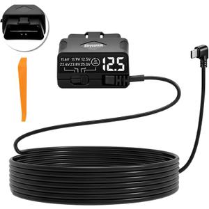 OBD Dash Cam Power Cable USB C with Acc Detection, Plug and Play Hardwire Kit for Dash Camera with 4-Level Low Voltage Protection, LED Voltmeter, 12V-24V to 5V for Parking Mode, 11.5ft