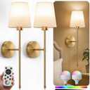 IRONPAX Wall Sconces Battery Operated Set of 2, Wireless Rechargeable Wall Sconce Set of Two, Dimmable Wall Lights with Remote for Bedroom Living Room Hallway Decor (Gold, Fabric Shade)