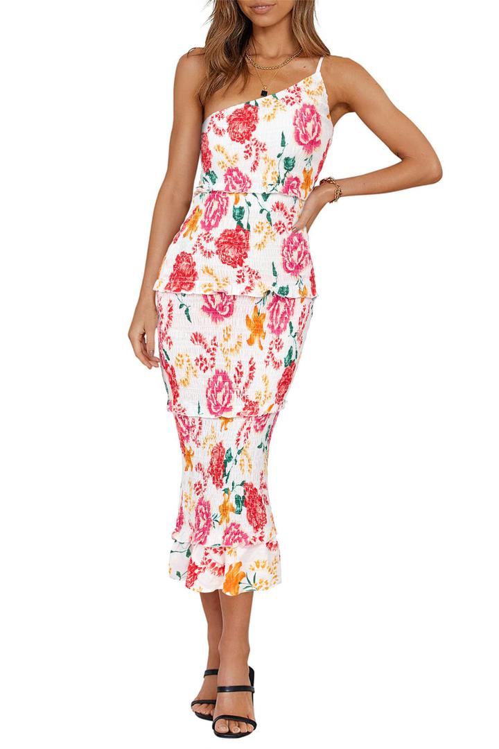 PRETTYGARDEN Women's Summer Midi Bodycon Dresses One Shoulder Strappy Tiered Ruffle Floral Boho Sun Dress (Floral White Red,Medium) (White, M)