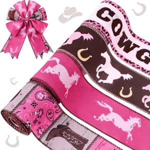 4Rolls Cowgirl Wired Edge Ribbon Pink Bandana Rodeo Horse Racing Themed Fabric Ribbon for Western Cowgirl Birthday Party for Gift Wrapping Hair Bow Making Supplies