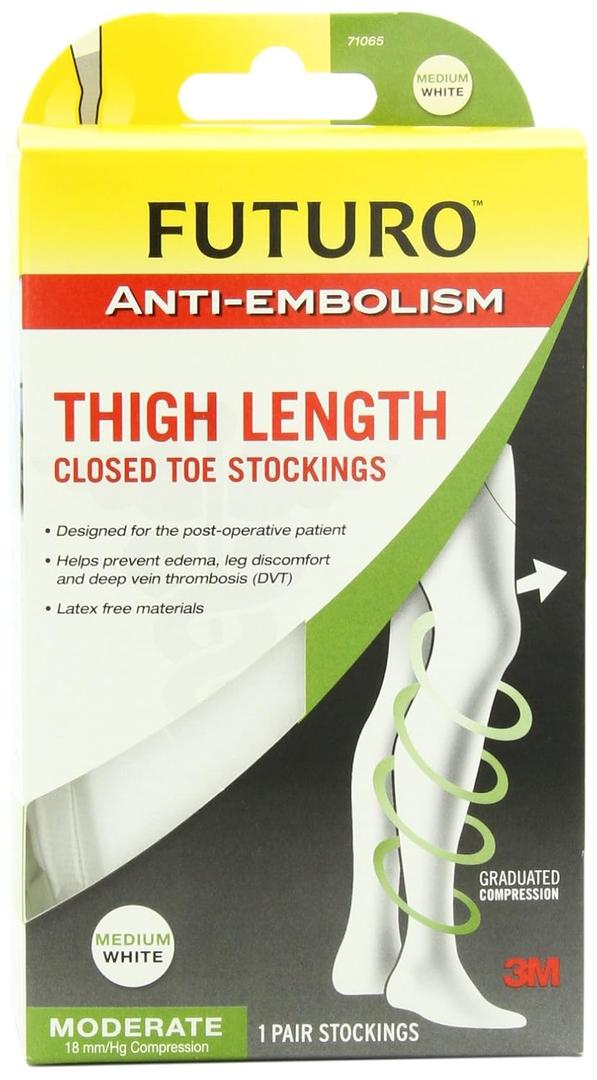 FUTURO Anti-Embolism Stockings, Thigh Length, Closed Toe, Medium, Regular, White