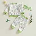 Toddler Baby Girl St Patricks Day Clothes Bow Clover Print Crewneck Sweatshirt Tops Sweatpants Set 2 Piece Outfit (Green)